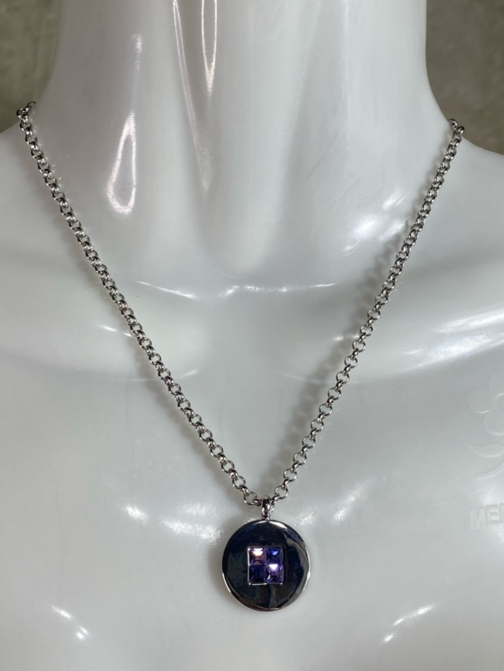 Cookie Lee Silver Toned Necklace & Round Pendant Purple Square Crystals
